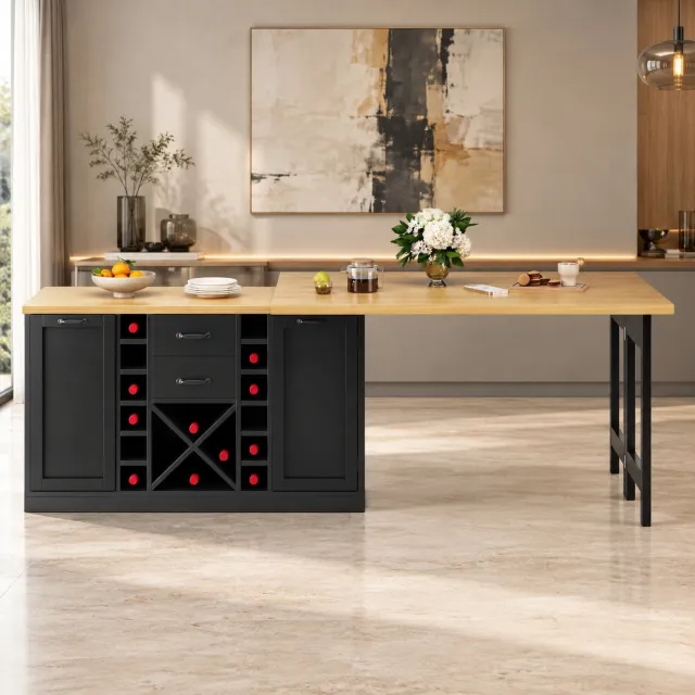 WUVRIE Uitschuifbare eettafel 120-223 x 40 cm - 360° draaibaar met opbergruimte en wijnrek - Zwart