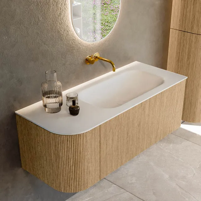 Mondiaz KURVE 115 cm Onderkast Greeploos 1 Lade Met Deuren Oak, Wastafel Solid Surface Rechts Talc 0 Kraangaten Zonder Spiegel (KRVBGS115L1L1D0KR-Oak/Tal)