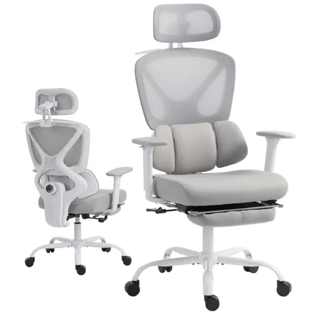 TEKROA Ergonomische Bureaustoel met Dynamische Lendensteun - Kantoorstoel met Voetensteun - 3D Armleuningen - Verstelbaar - 73x75x120-128cm - Grijs