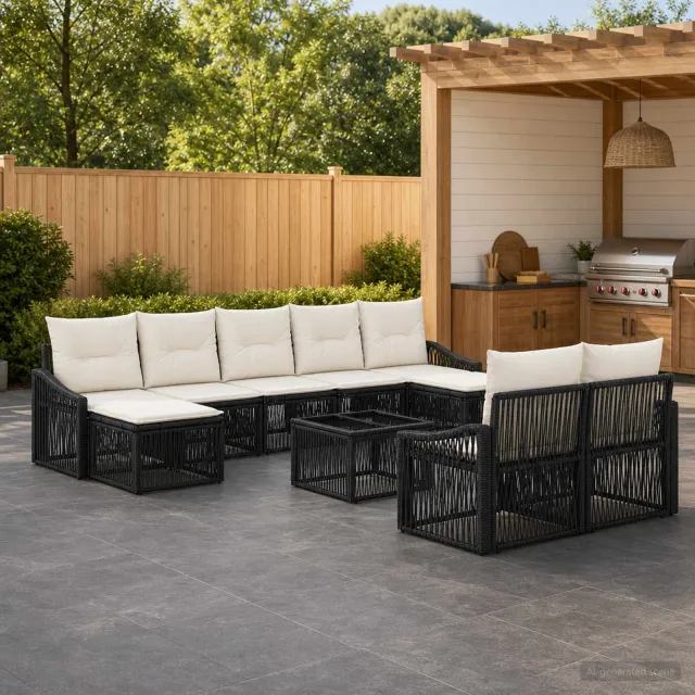 vidaXL Tuinbankenset 10 st Zwart poly rattan, foto 2