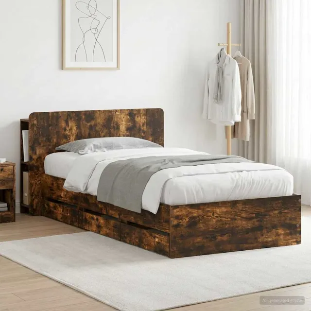 vidaXL Bedframe met opbergruimte en hoofdbord met lade Gerookt eiken Bruin