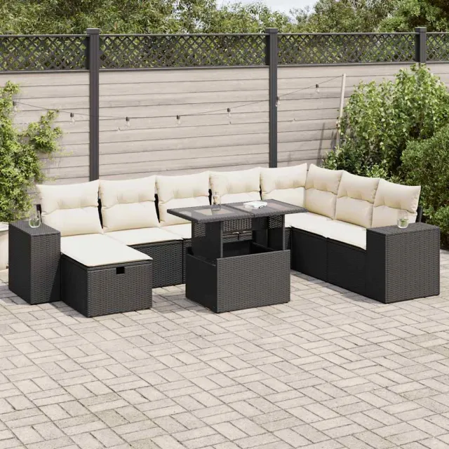 vidaXL 9-delige Loungeset met kussens poly rattan zwart, foto 2