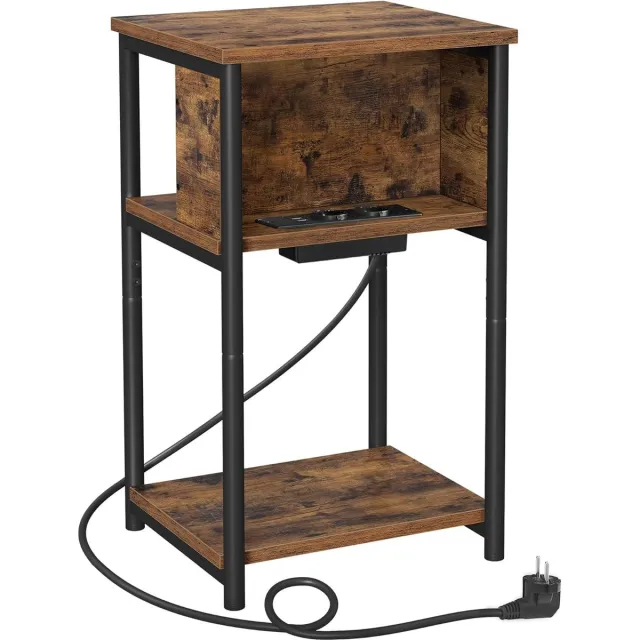 FurnStar Bijzettafel - nachtkastje met stopcontact - klein - 2 AC-aansluitingen - 2 USB-poorten - 30 x 34 x 58 cm - voor woonkamer - slaapkamer - vintage bruin-zwart
