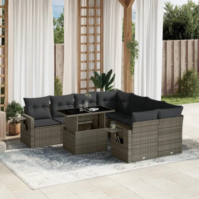 vidaXL 9-delige Loungeset met kussens poly rattan grijs, foto 2