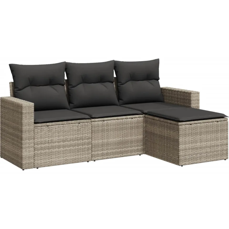 vidaXL 4-delige Loungeset met kussens poly rattan lichtgrijs grijs