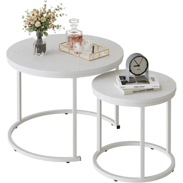 Unyqoos Set van 2 moderne ronde salontafels met wit metalen frame en blad