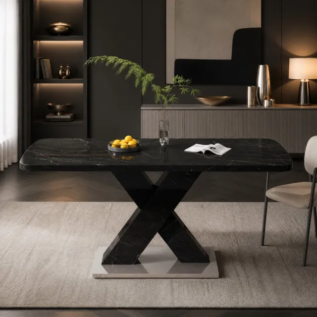 Wishdor Eettafel - Uitschuifbaar - Rechthoekig - X-poot met metalen basis - Modern - Eetkamer woonkeuken dinerhoek - MDF met marmerlook - Zwart - 160 x 80 x 76,5 cm