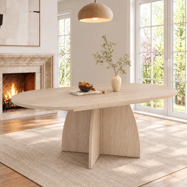 DESMIU Eettafel - Uitschuifbaar Voor 4 tot 8 Personen - Voor de Eetkamer - MDF in Travertinkleur - 120 tot 180 x 90 x 75 cm Beige met travertinlook