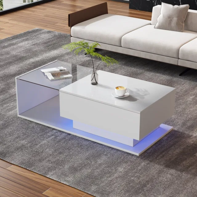 STILVORA Salontafel - Rechthoek 100x50x32 cm - Bijzettafel Met Lade En LED Glasplaat - Stijlvolle Woonkamer Tafel Met Opbergruimte - Hout - Wit