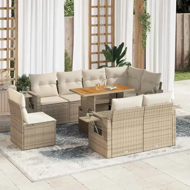 vidaXL 9-delige Loungeset met kussens poly rattan beige, foto 2