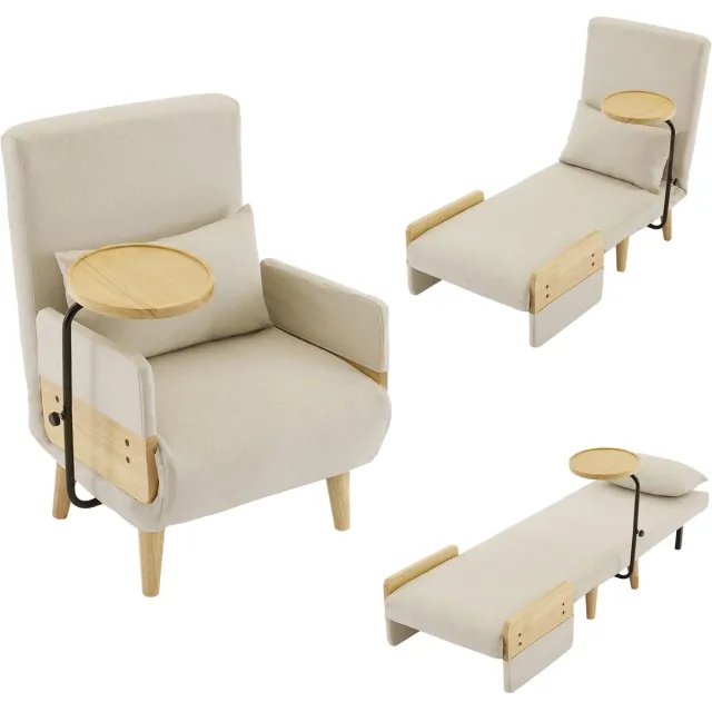 Zubaliya fauteuil met Holztablett: Praktisch en Comfortabel voor Alle Ruimtes - 74.5x66x88 cm, Beige