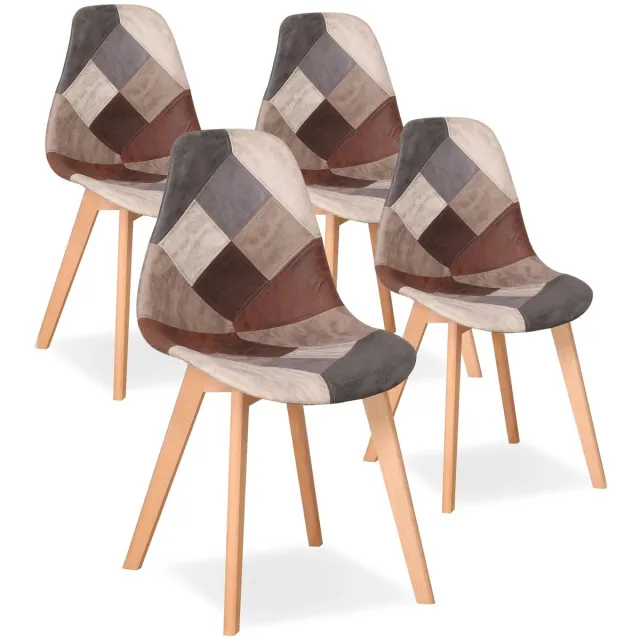 Cozy Cottage® Set van 4 Nordic Eetkamerstoelen – Beuken Houten Poten – Patchwork Stoffering – Comfortabele Stoelen voor Keuken, Eetkamer & Woonkamer - Taupe, Bruin, Grijs