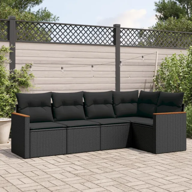 vidaXL 5-delige Loungeset met kussens poly rattan zwart, foto 2