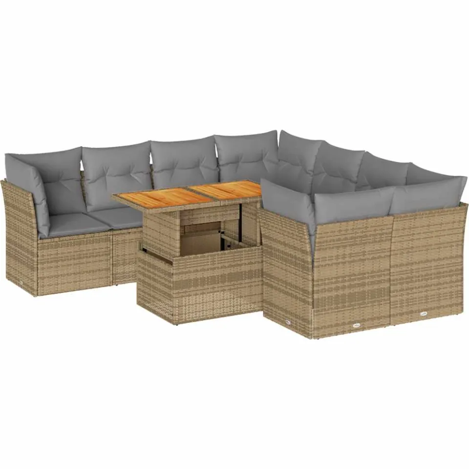 vidaXL 9-delige Loungeset met kussens poly rattan beige, foto 3