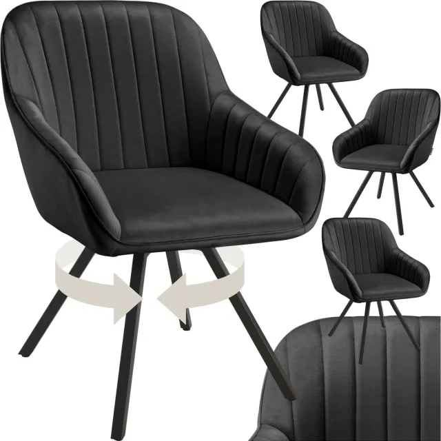 Tectake Draaibare eetkamerstoel met armleuningen - Ergonomische kuipstoel met fluwelen bekleding - Gewatteerd - Draaistoel voor woonkamer, eettafel, studeerkamer, kaptafel en keuken - Set van 4 - Zwart
