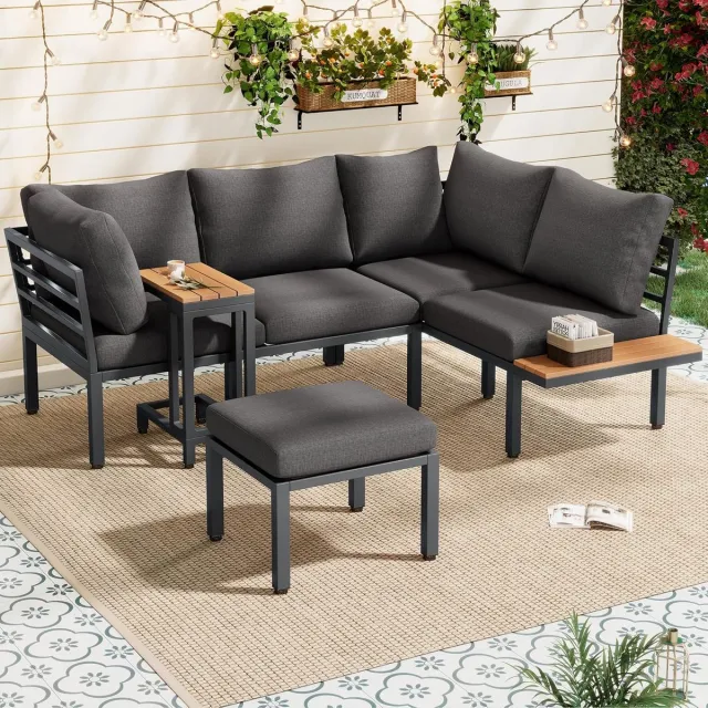 Laura Modulaire 3-delige Loungeset 143,5x190x65,5 cm – Hoekbank met Salontafel en Bijzettafel – Waterafstotende Kussens, Weerbestendig Metaal & Acaciahout – Comfortabel Terras, Balkon & Tuinmeubilair – Laura Grijs