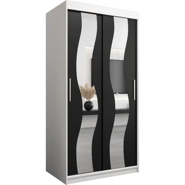 InspireME Kledingkast met 2 schuifdeuren, Modern-stijl, Een kledingkast met planken en een spiegel (BxHxD): 100x200x62 - REESE 100 Wit Mat + Zwart met 2 lades