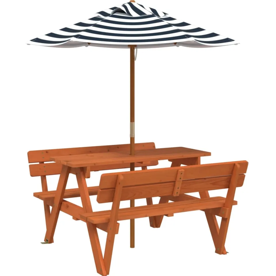 vidaXL Picknicktafel voor 4 kinderen met parasol massief vurenhout bruin, foto 3