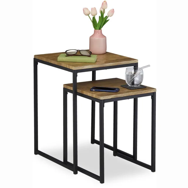 Famanu Set van 2 bijzettafels met industrieel design, vierkant, in twee groottes, metaal en houtkleur/zwart