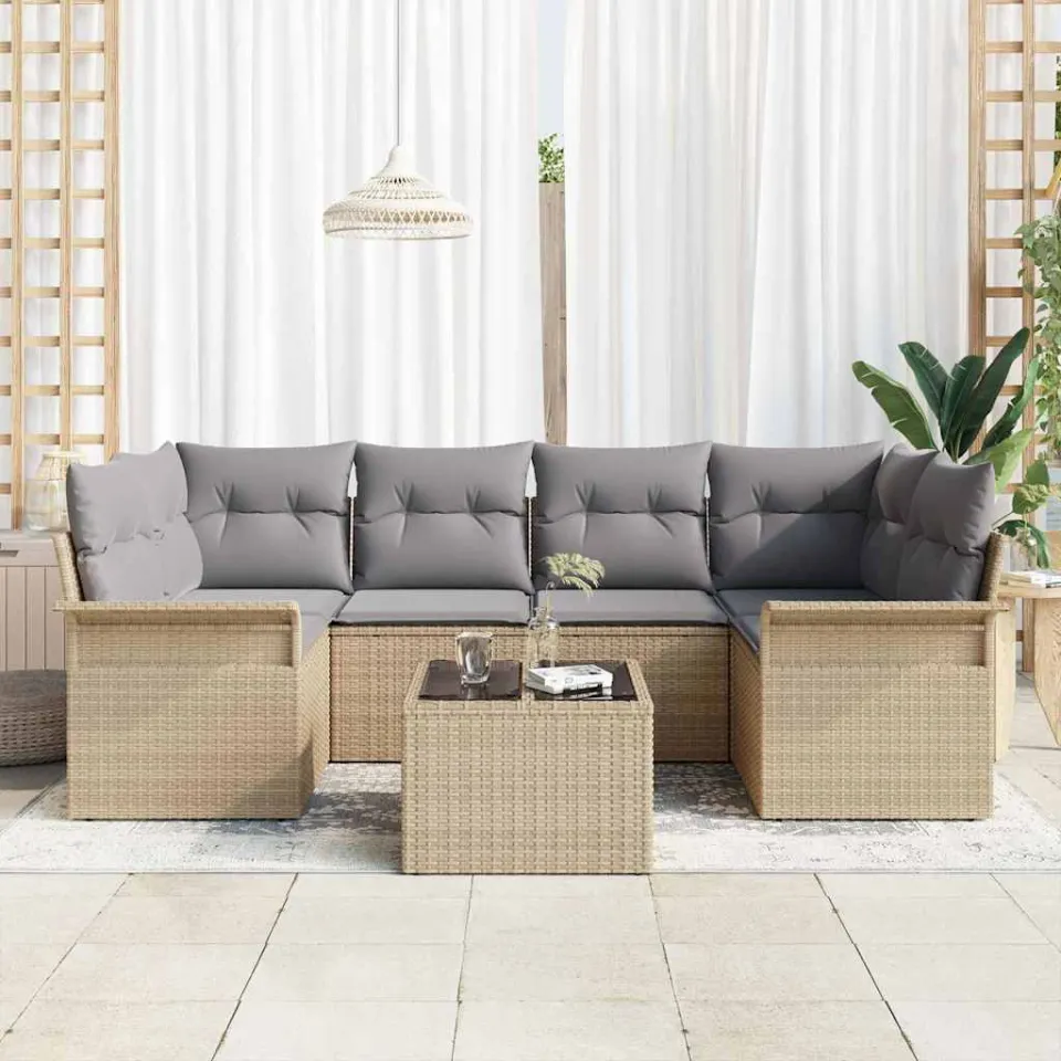 vidaXL Tuin Sofa Set 7 st Beige poly rattan, foto 3