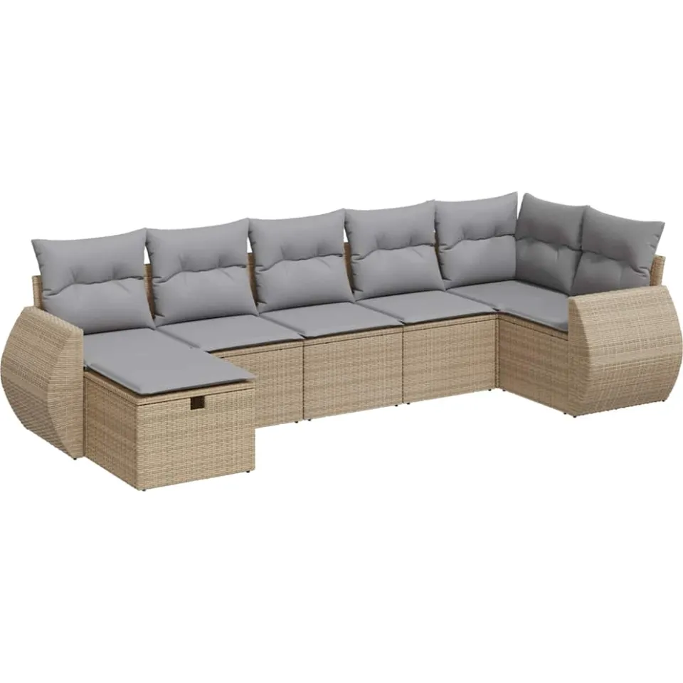 vidaXL 7-delige Loungeset met kussens poly rattan beige, foto 3
