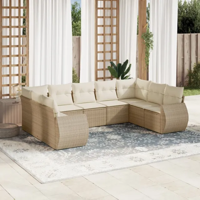 vidaXL 9-delige Loungeset met kussens poly rattan beige, foto 2