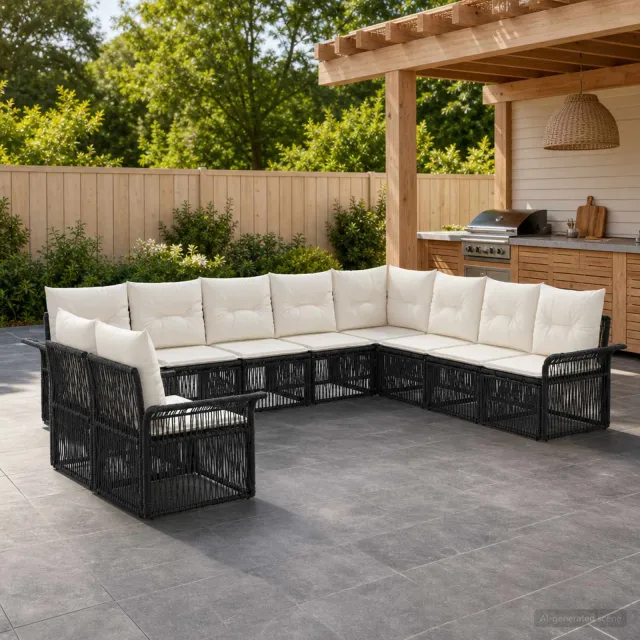 vidaXL Tuinbankenset 10 st 10-zits Zwart poly rattan