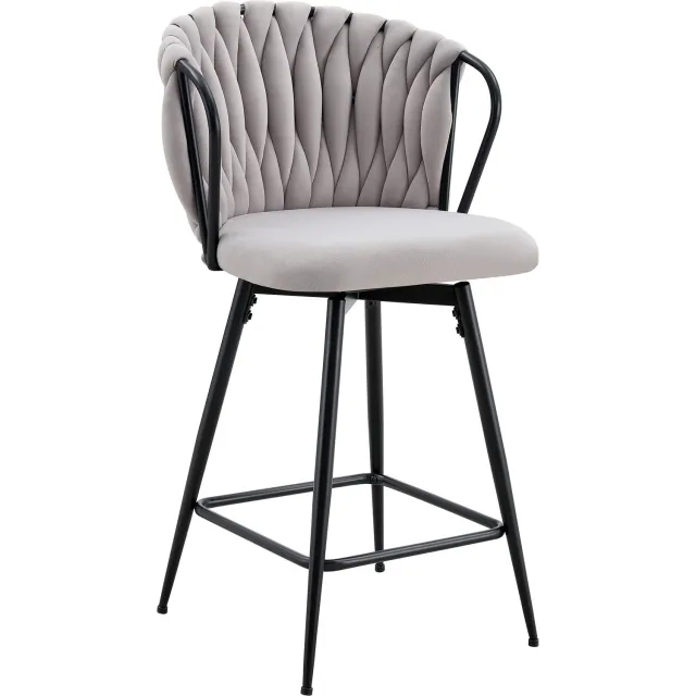 MUVANO Lichtgrijze barkrukken set van 2 - 360° draaibare barstoelen met armleuningen - Polyesterfluweel en zwart metaal - Voor kookeiland en bar Lichtgrijs