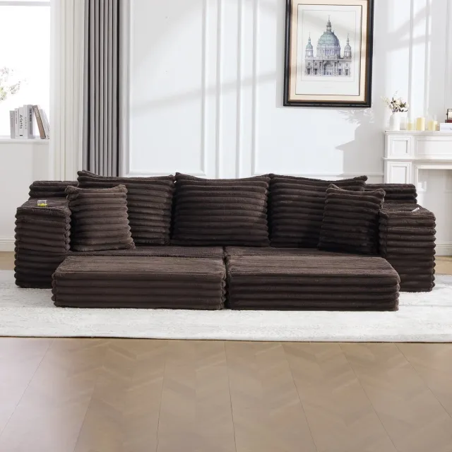 DESMIU Slaapbank 273 x 98 x 87 cm - Vrij Combineerbaar Met Zijvakken En Bekerhouders - Voor Woonkamer En Logeerkamer - Cordstof Koffiebruin