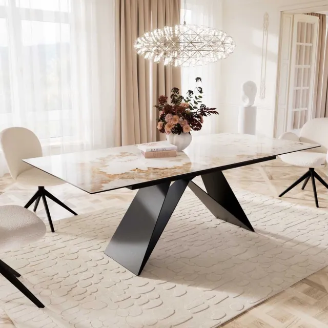 DELIFE Eetkamertafel Edge keramiek Minas Melange wit-beige 180-220x100 V-frame vlak staal zwart uitschuifbaar Weiß-Beige