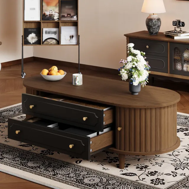 HAUSS SPOLE Salontafel - Met Rollturen En 2 Lades - Retro Design Voor Woonkamer Bij Bank - Spaanplaat Walnootlook Zwart - 100x50x36 Cm Notenhout