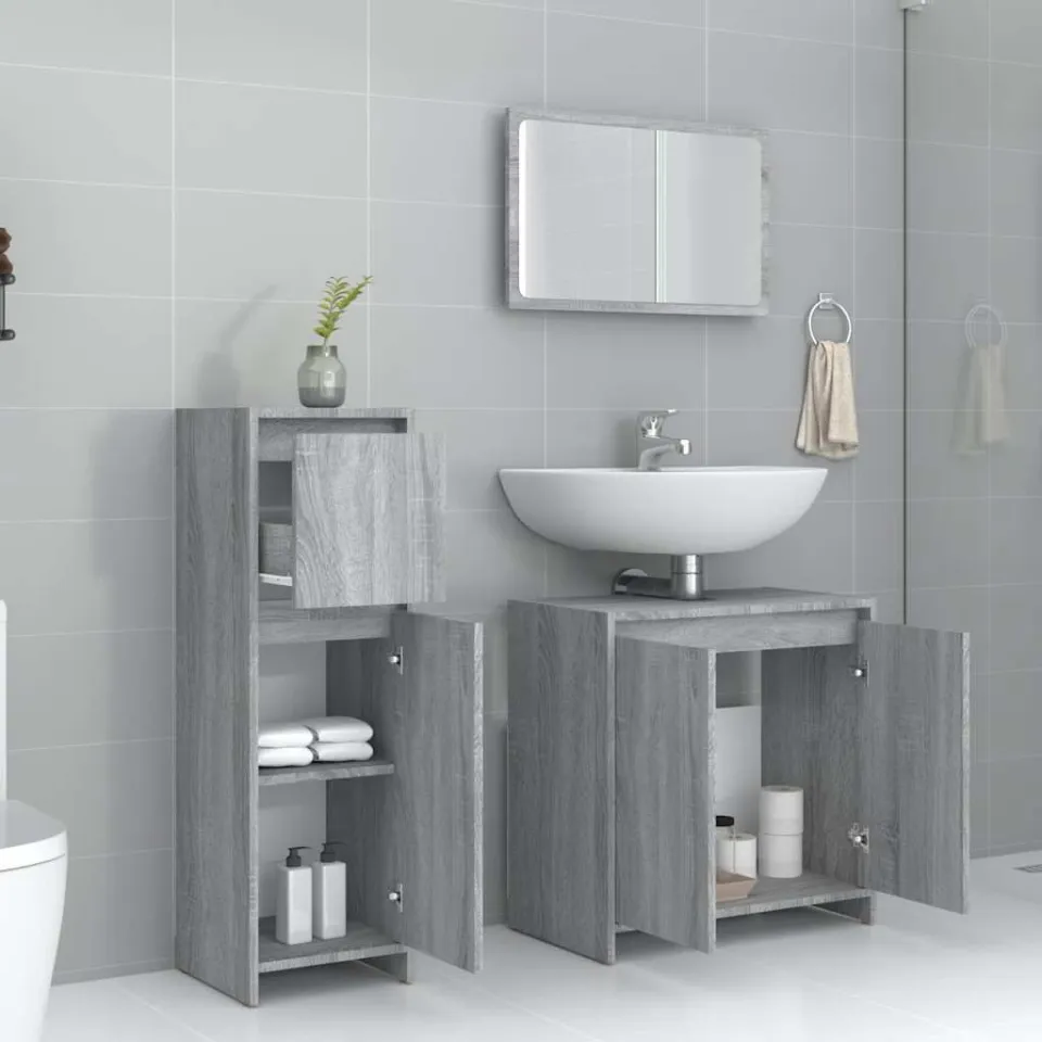 vidaXL 3-delige Badkamermeubelset bewerkt hout grijs sonoma eikenkleur, foto 3