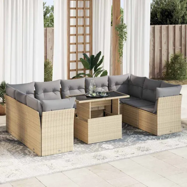 vidaXL 10-delige Loungeset met kussens poly rattan beige, foto 2