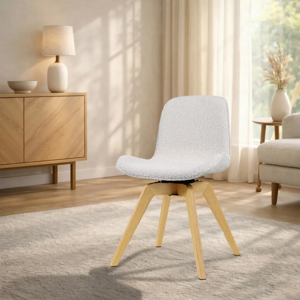 Nolon Noor-Fé draaibare eetkamerstoel bouclé beige - houten onderstel, foto 2
