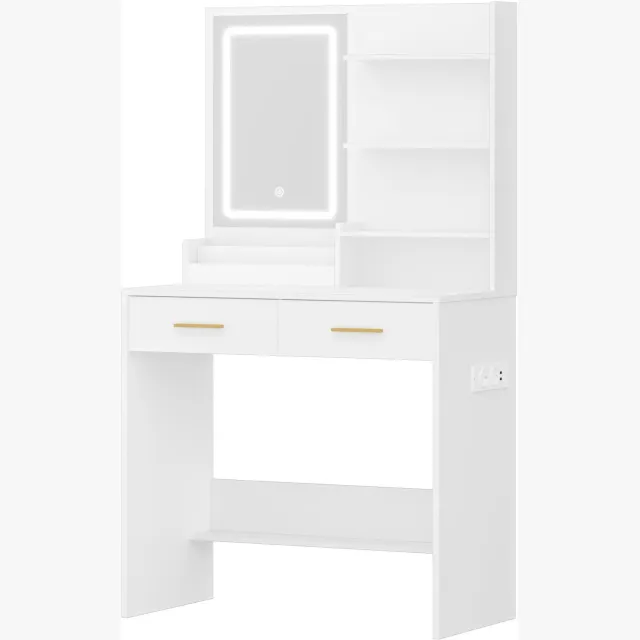 Prime Homely Prime Home Opbergtafel - Kaptafel - Make up tafel - Met LED-verlichting - 2 stopcontacten - 2 USB-poorten - 2 laden - 4 open vakken - 80 x 40 x 140cm - Wit
