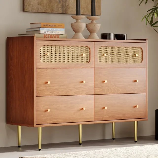 MIVRAY Ladekast - Vintage Opbergkast Met 6 Laden En Rotan Fronten - Voor Slaapkamer En Woonruimte - Hout En Metaal - 120x40x90 Cm Bruin