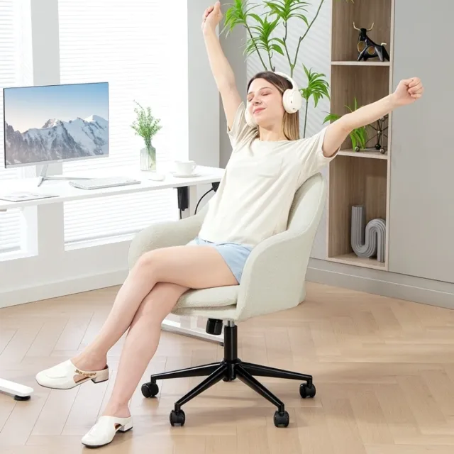 MEUNIQ bureaustoel beige met vaste armleuningen, gewelfde rugleuning, verstelbare zithoogte 49-58 cm, 360° draaibaar met wielen voor bureau of kaptafel