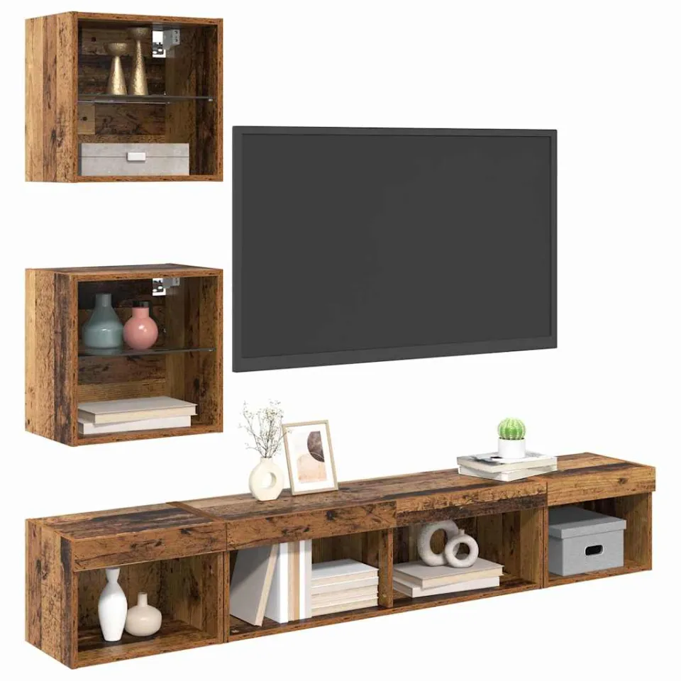 vidaXL TV Wand Eenheden met LED 5 st Oud hout Bewerkt hout Bruin