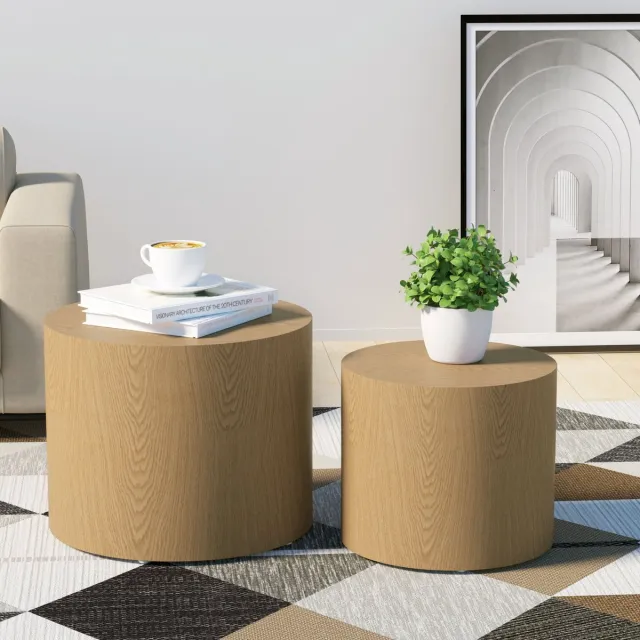 NJLyuhome Houtcollectie - 2-delig bijzettafel set - Rond & stapelbaar - MDF met houtfineer - Ø38/32 cm, hoogte 48/38 cm natuurlijke houtverf