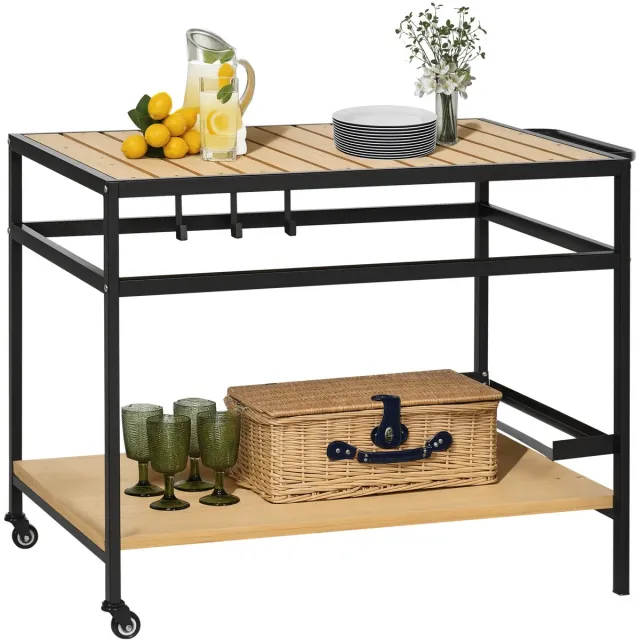 Outsunny serveerwagen voor buiten - Metaal - 107x65x80cm - Natuurlijk hout