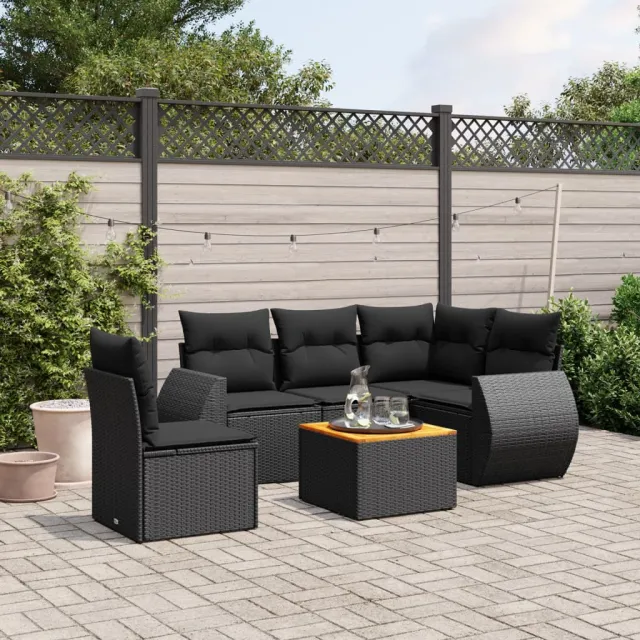 vidaXL 6-delige Loungeset met kussens poly rattan zwart, foto 2