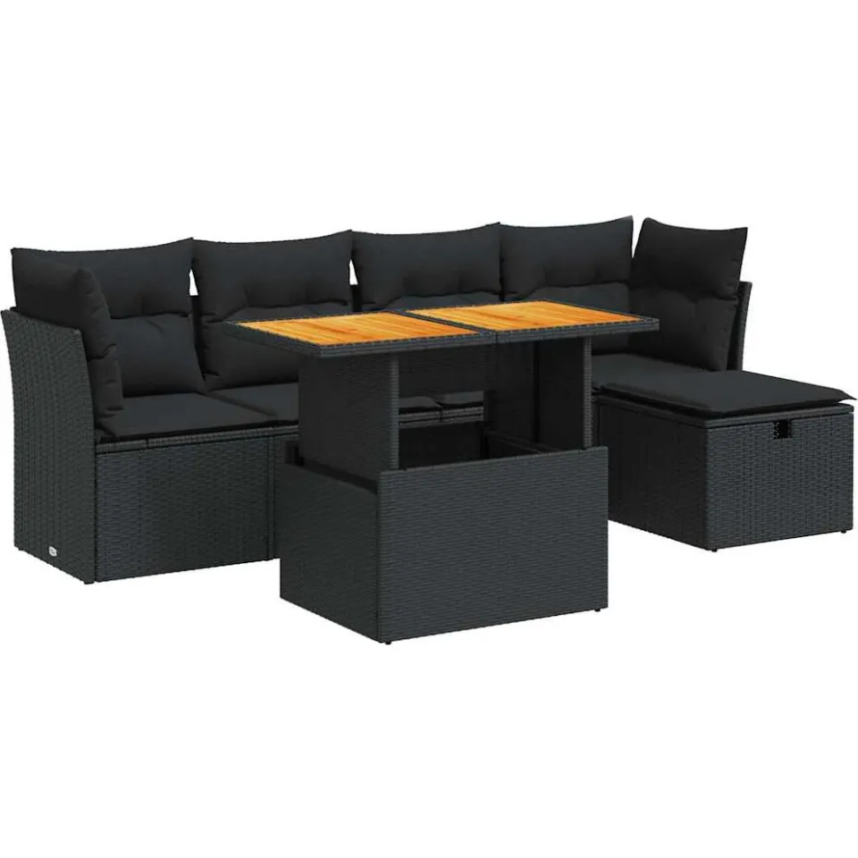 vidaXL 6-delige Loungeset met kussens poly rattan acacia zwart