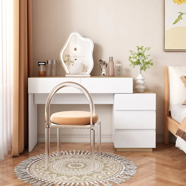 Sweiko Kaptafel, Bureau met 5-laden, Functie van opslag, voor Slaapkamer E1 Spaanplaat, Wit en eiken (Zonder Stoelen/Spiegels)