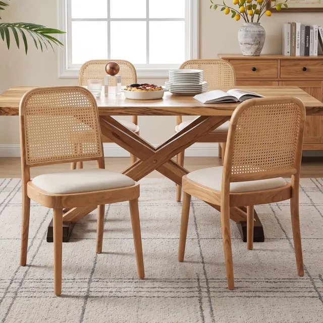 Maisentiel Houten eetkamerstoelen set van 2 - rotan rugleuning, linnen zitting - houtkleur
