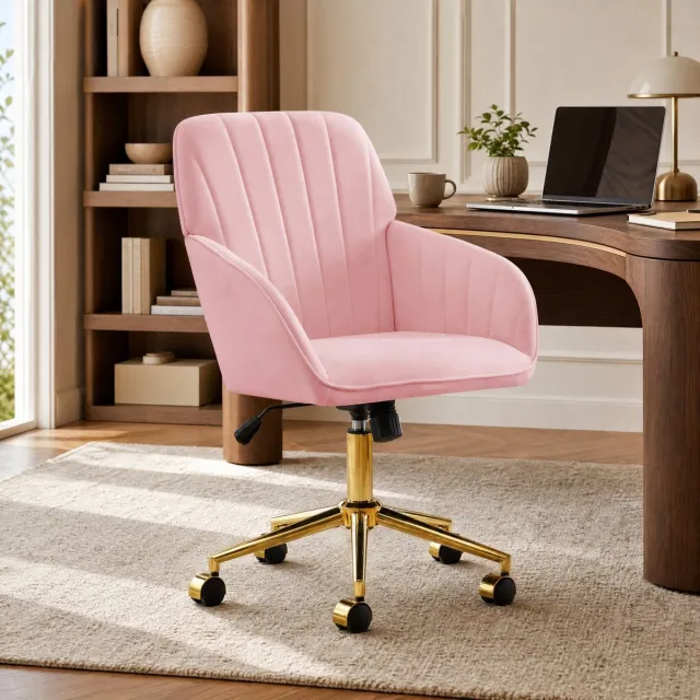 Wishdor Bureaustoel verstelbare zithoogte 360° draaibaar met wielen armleuningen ergonomische rugleuning fluweel roze voor thuis kantoor slaapkamer 96 x 60 cm Pink