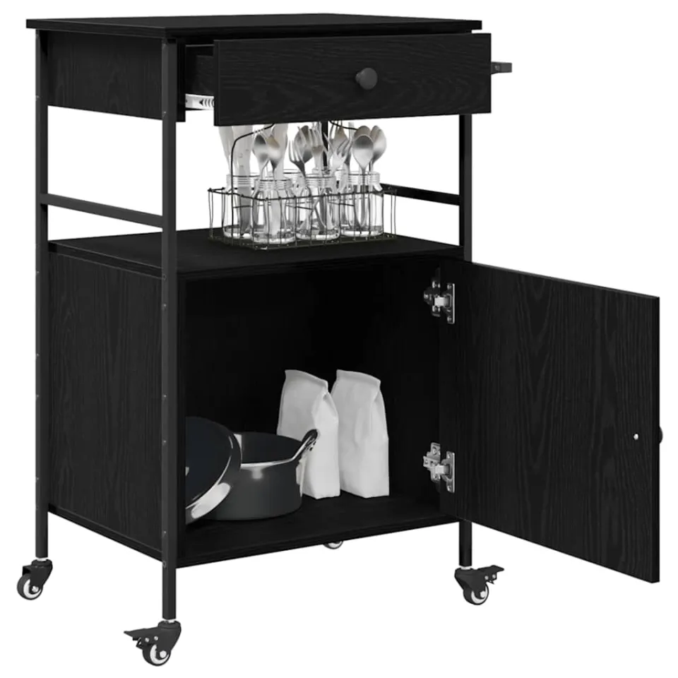 vidaXL Keuken Trolley Zwart Eiken 56 x 43 x 89,5 cm Bewerkt hout
