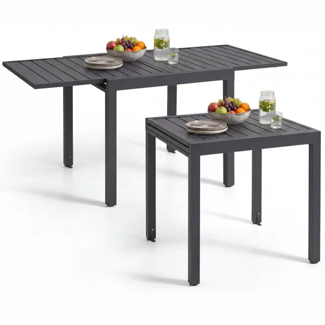 Tectake Aluminium Tuintafel - Uitschuifbaar - 80 x 80 cm of 160 x 80 cm - 4 tot 6 Personen - Weerbestendig - Tafel voor Buiten - Bijzettafel of Eettafel - Lamellen - Grijs