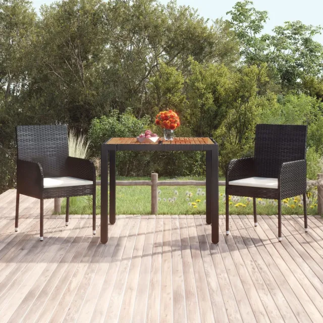 vidaXL Tuintafel met houten blad 90x90x75 cm poly rattan zwart, foto 2