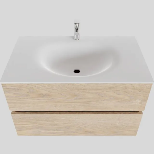 Boss & Wessing Badkamermeubel Solid Surface BWS Stockholm 80x46 cm Wood Washed Oak (1 kraangat) Houtlook