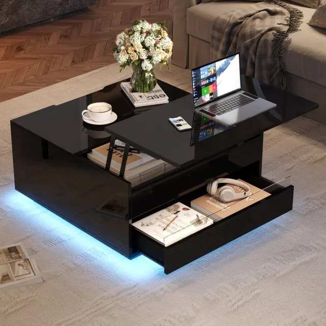 MEUNIQ Vierkante salontafel 70 x 70 x 38 cm met verstelbaar en opklapbaar blad, LED-verlichting, lade en verborgen opbergruimte, zwart